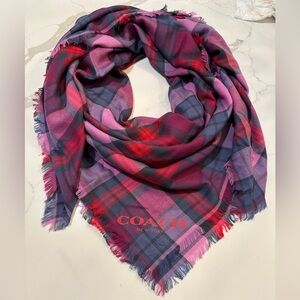 Coach Wool Scarf, Stripe Plaid Hyacinth Red Navy Ladies Scarf